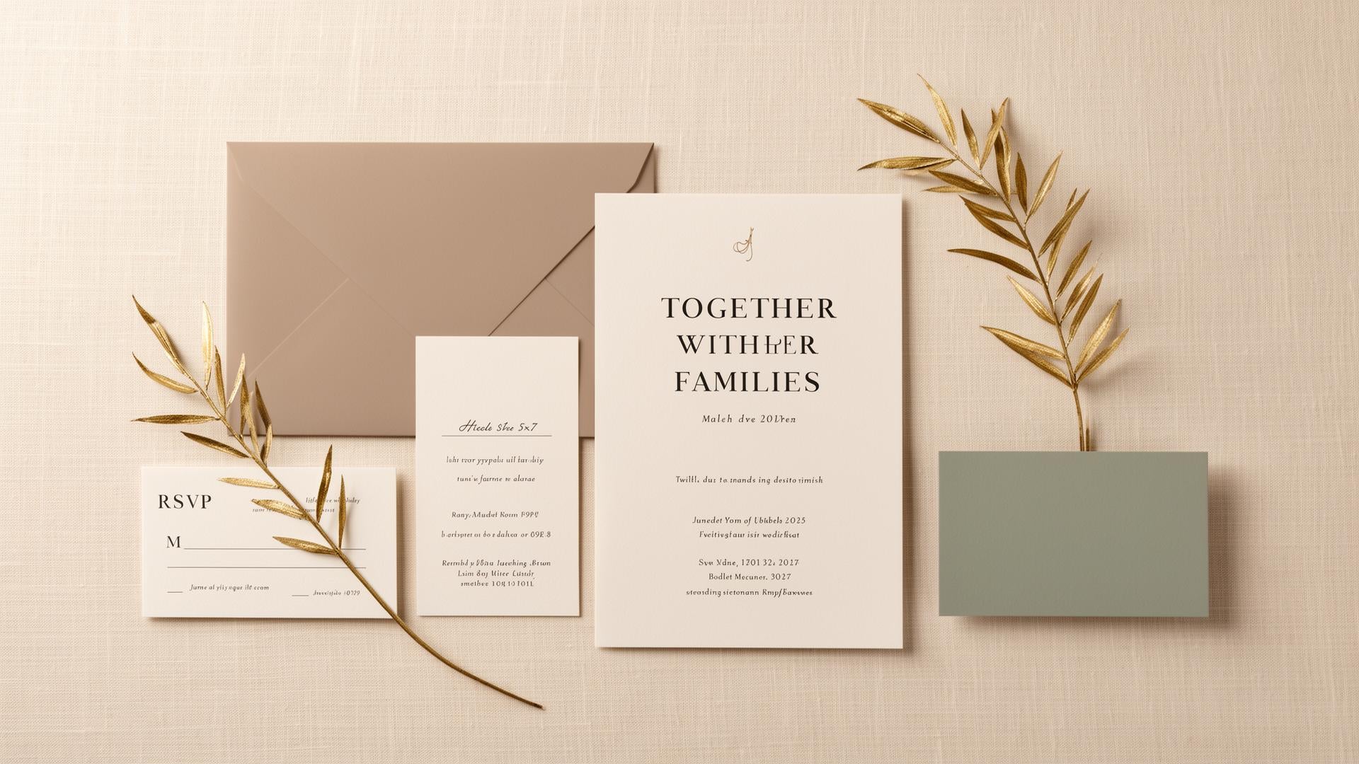 Wedding invitation suite flat lay with RSVP and details card