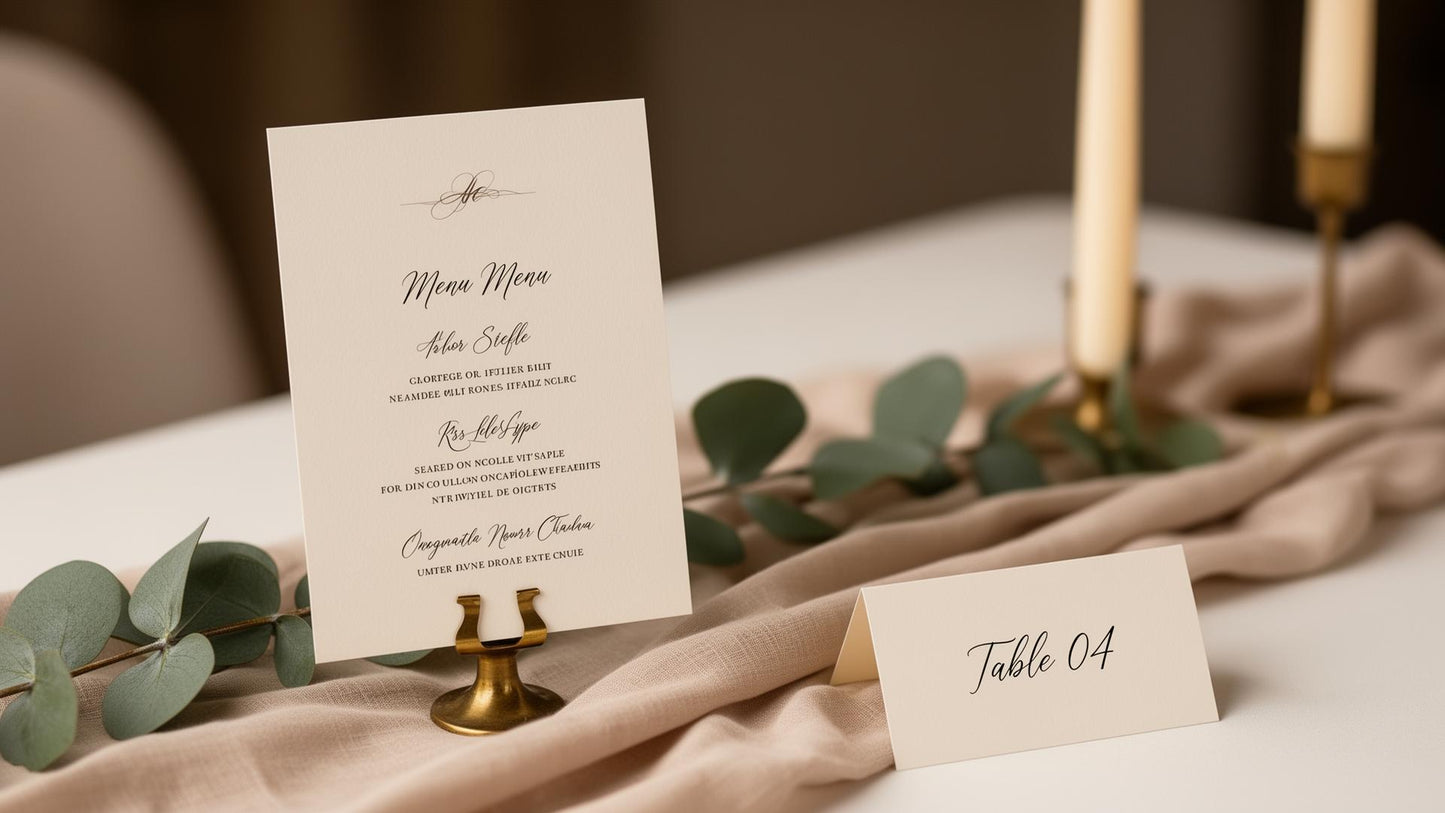 Wedding menu card and table number on reception table