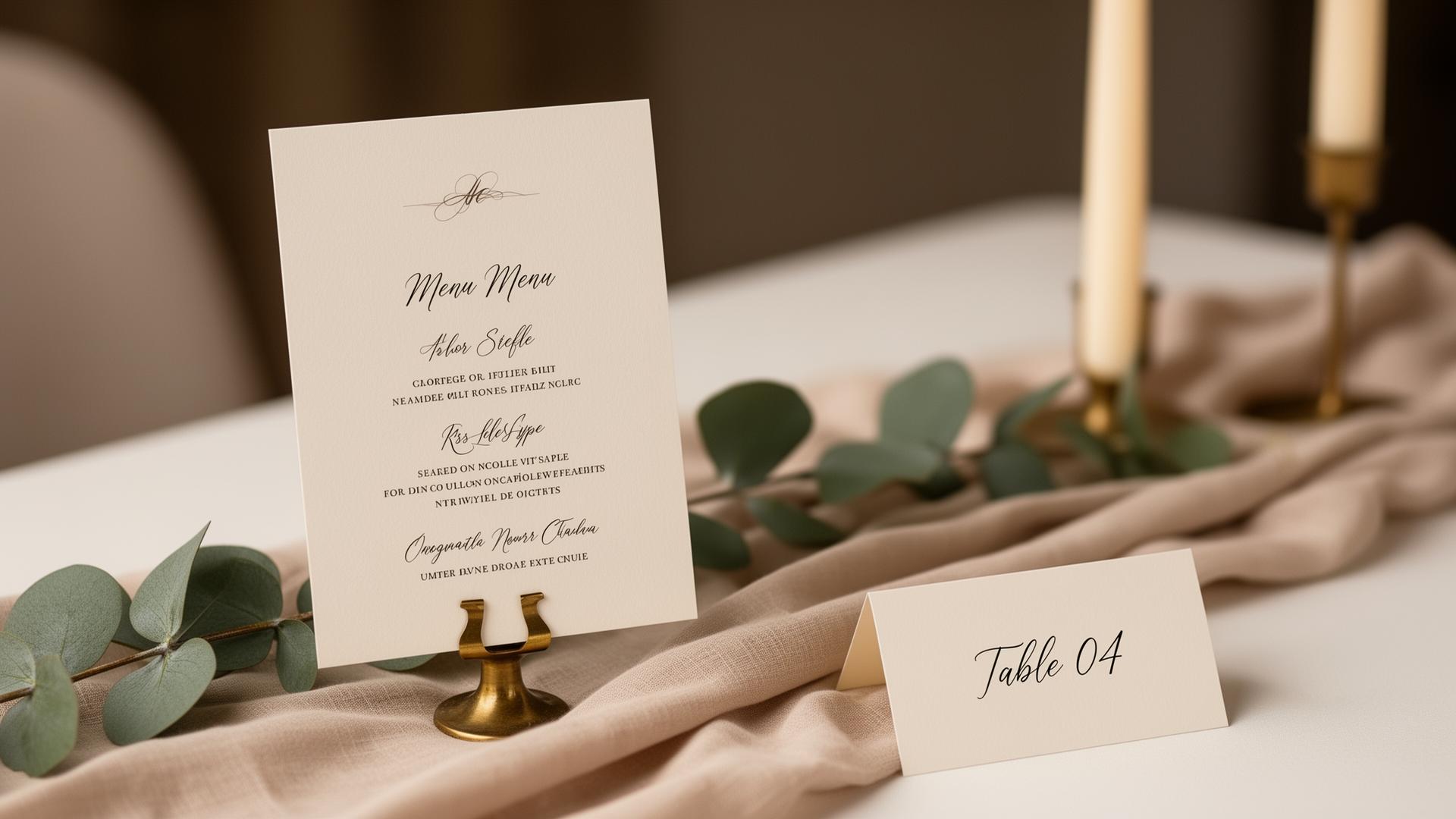 Wedding menu card and table number on reception table