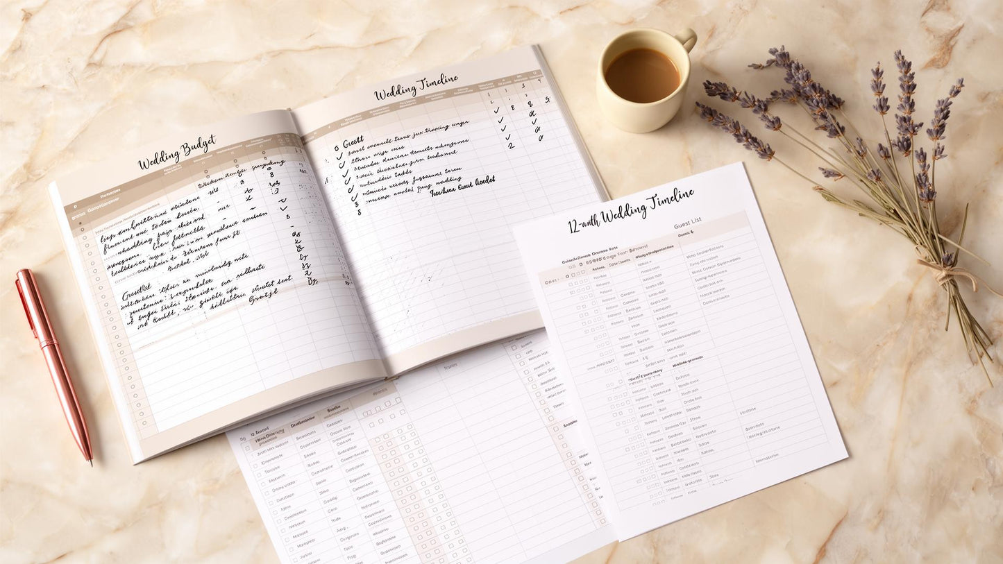 Wedding budget tracker, timeline and guest list planner pages